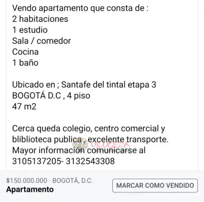 Venta de apartamento 4 piso 47m2